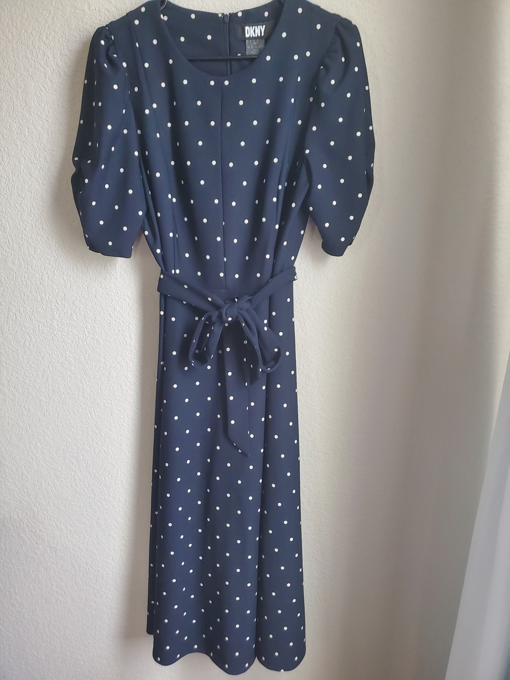 DKNY Navy and White Polka Dot Midi Dress